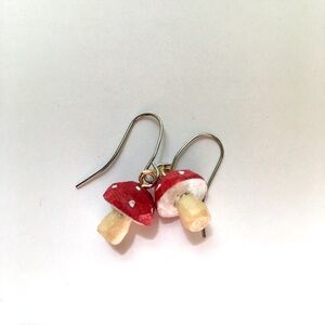 🍄 Hand Carved Red Mushroom Dangle Earrings